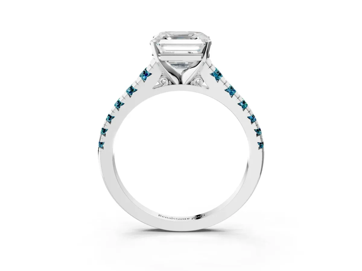 Asscher Cut Diamond Cathedral Solitaire Ring with Round Blue Topaz Pavé Band Silver