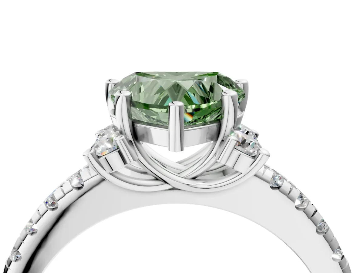 Fancy Green Heart Cut Diamond Three-Stone Pave Band with Four-Prong Setting Platinum