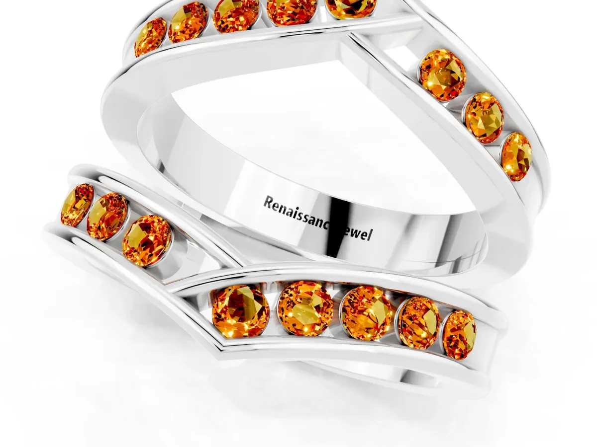 Round Citrine Channel-Set Chevron Band Platinum