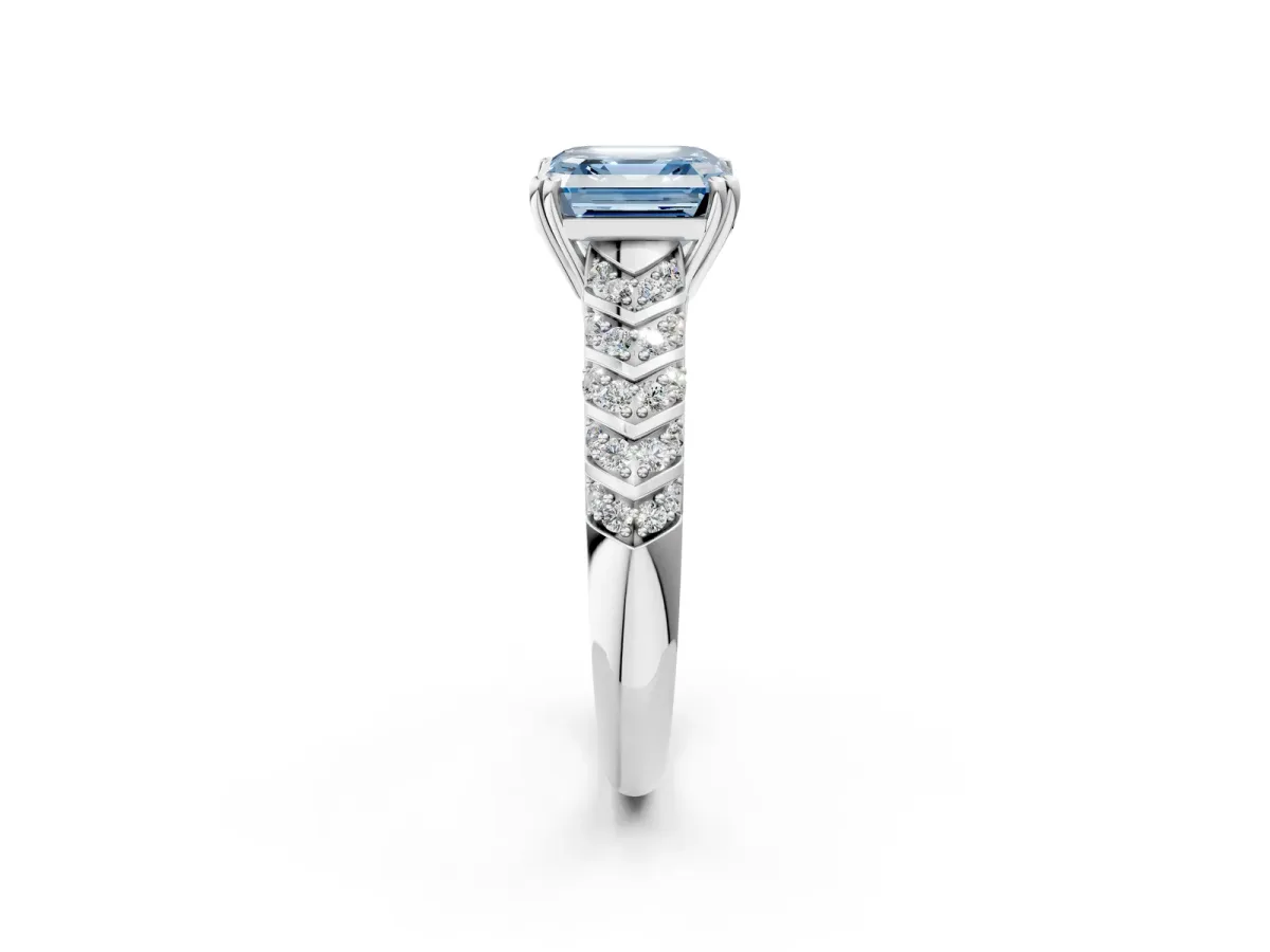 Fancy Blue Asscher Cut Solitaire Chevron Pave Diamond Engagement Ring with Six-Prong Setting Platinum