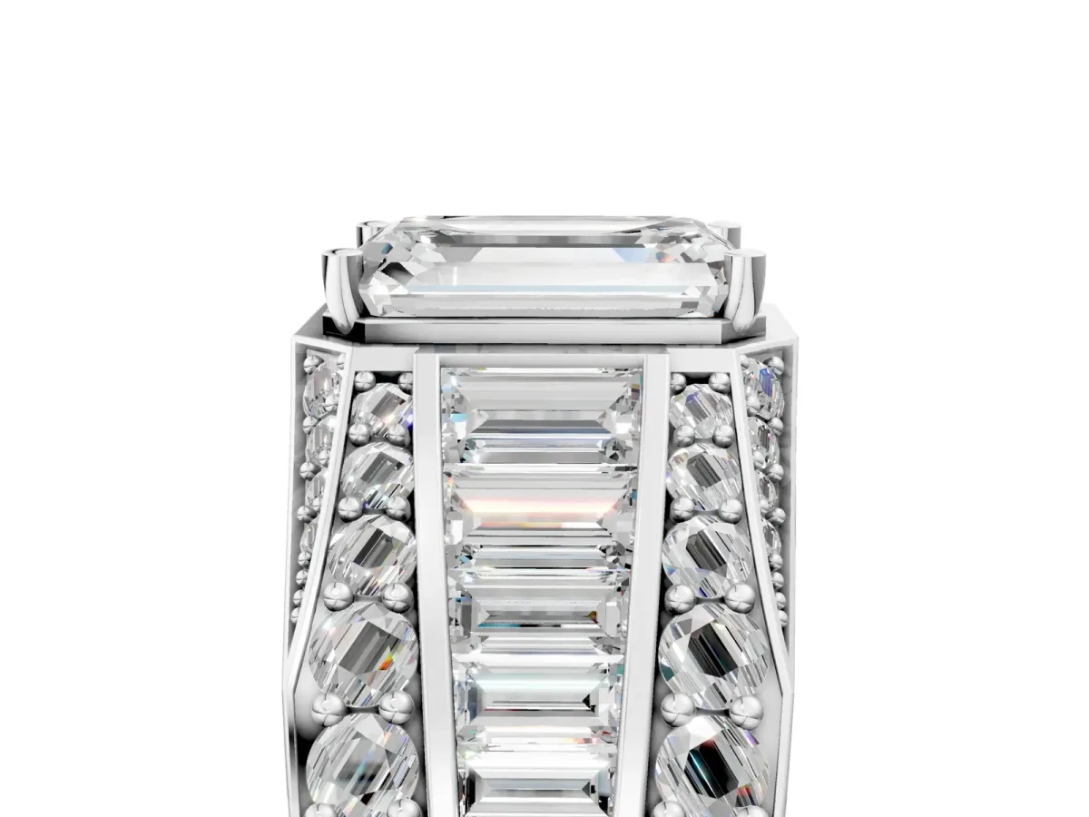 Emerald Cut Diamond Mens Ring with Baguette Side Stones White gold