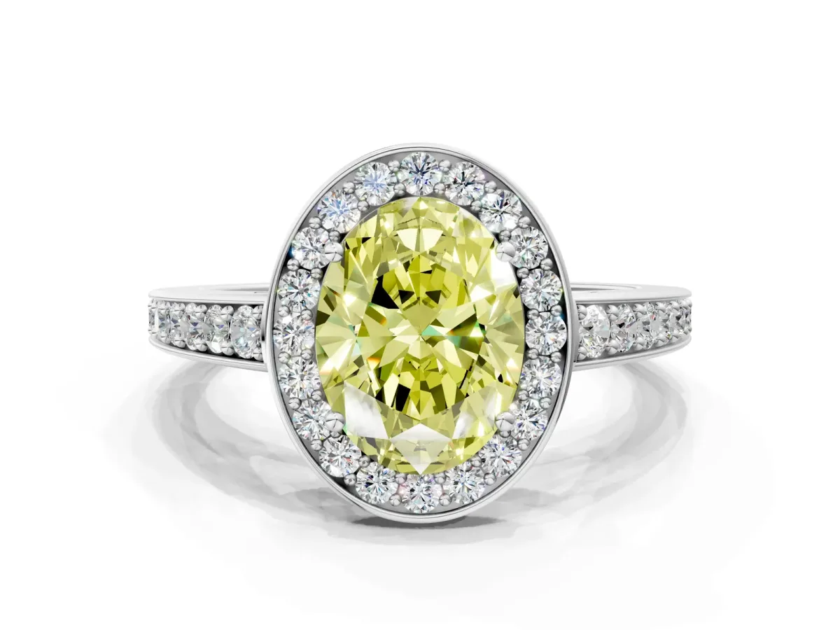 Fancy Yellow Oval Cut Halo Pavé Diamond Engagement Ring with Bezel Setting Silver