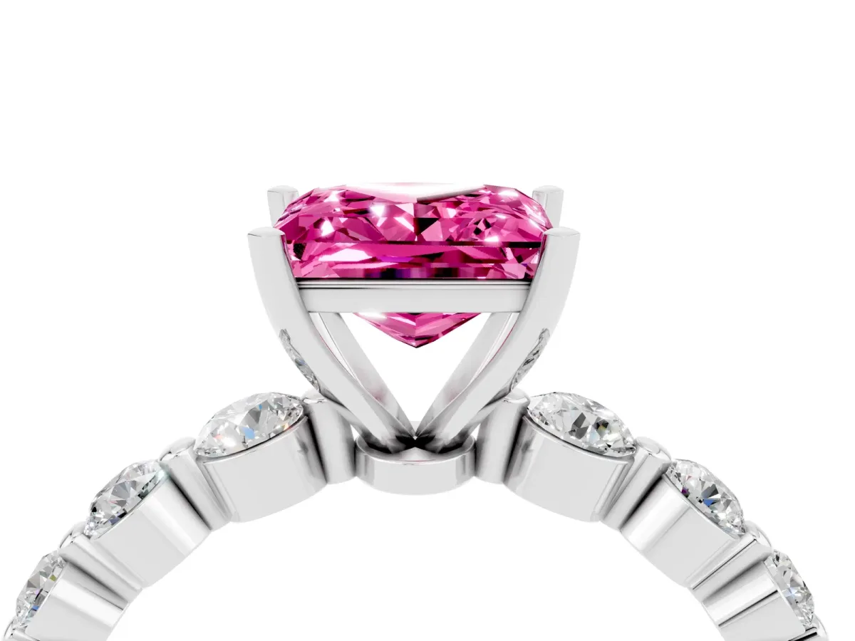 Princess Cut Solitaire Pink Sapphire Ring with Pave Band and Four-Prong Setting Silver