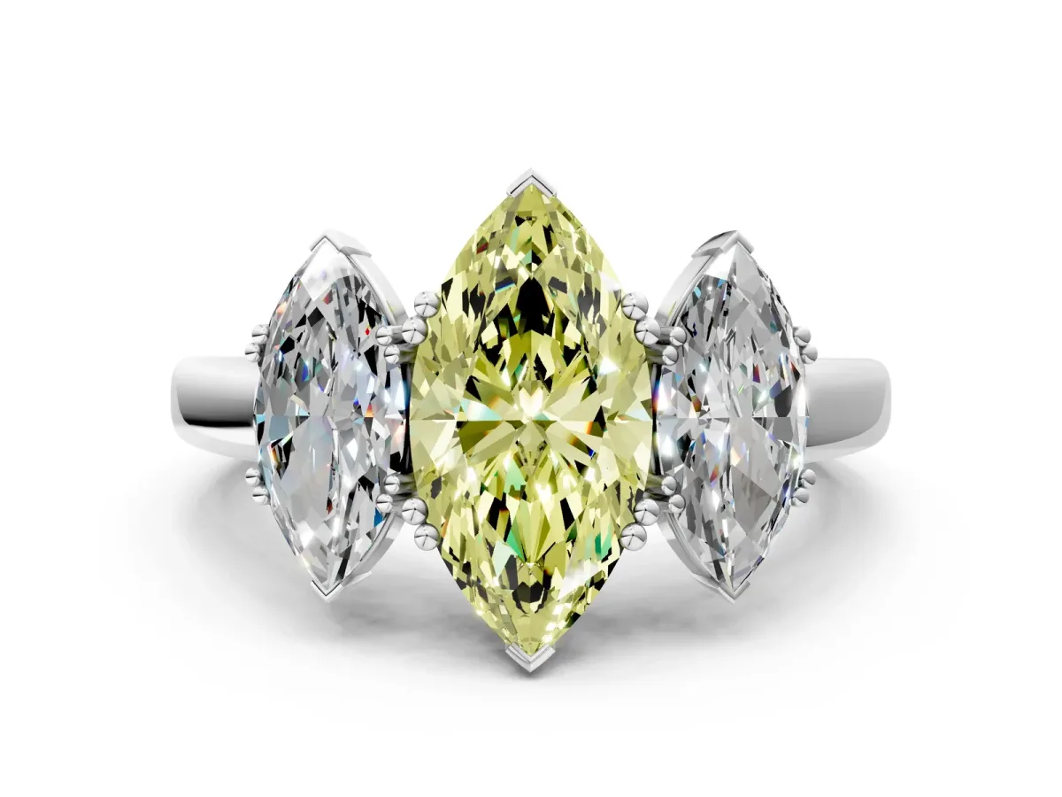 Fancy Yellow Three-Stone Marquise Cut Cut Diamond Ring with Channel Set Band and Four-Prong Setting Silver