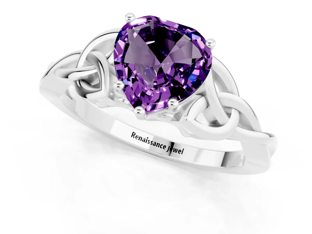 Heart Cut Amethyst Solitaire Engagement Ring with Celtic Knot Band and Four-Prong Setting Silver