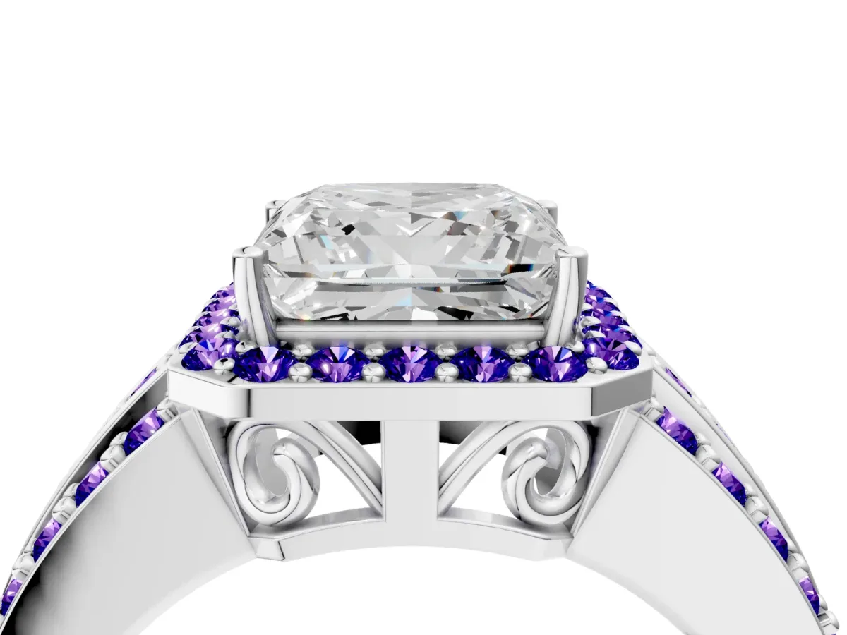 Princess Cut Halo Diamond Ring with Round Tanzanite Split Shank and Prong Setting Silver