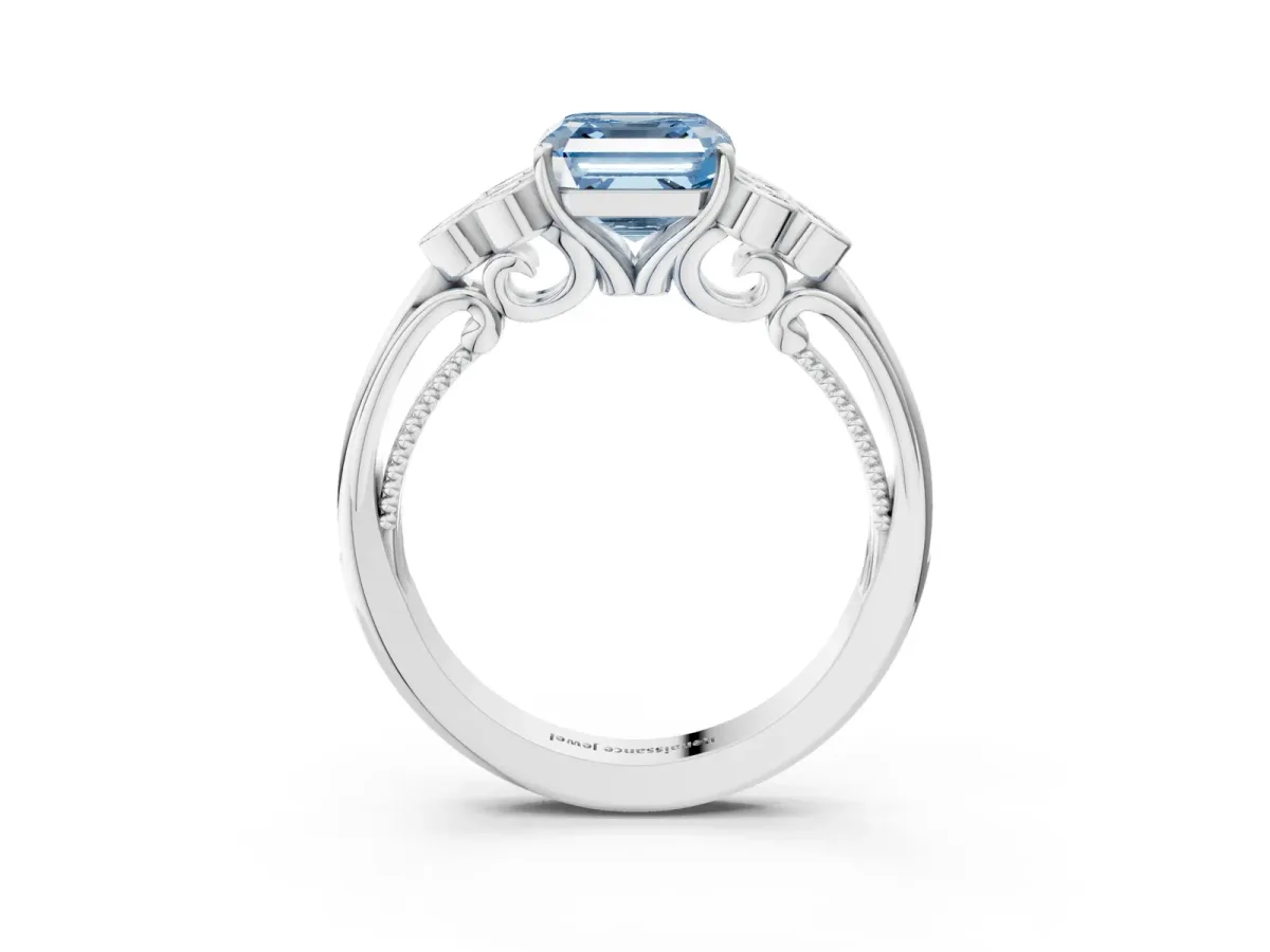 Fancy Blue Asscher Cut Cut Diamond Engagement Ring with Bezel Set Round Side Stones and Prong Setting Platinum