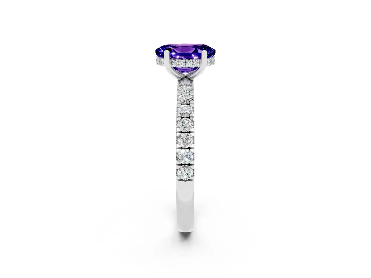 Oval Cut Tanzanite Pave Band Solitaire Ring with Round and Prong Setting Silver