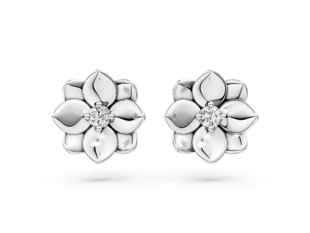 Round Diamond Magnolia Floral Stud Earrings Platinum