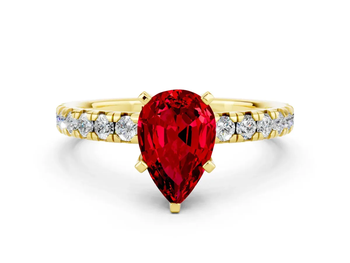 Pear Cut Ruby Solitaire Pavé Engagement Ring with Round Band and Prong Setting Yellow gold