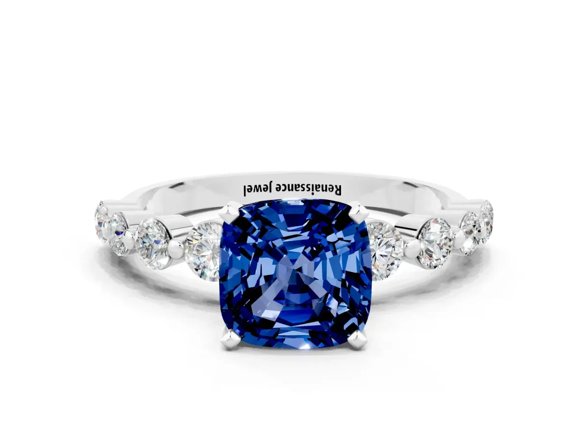Cushion Cut Solitaire Blue Sapphire Ring with Pave Band and Four-Prong Setting Silver