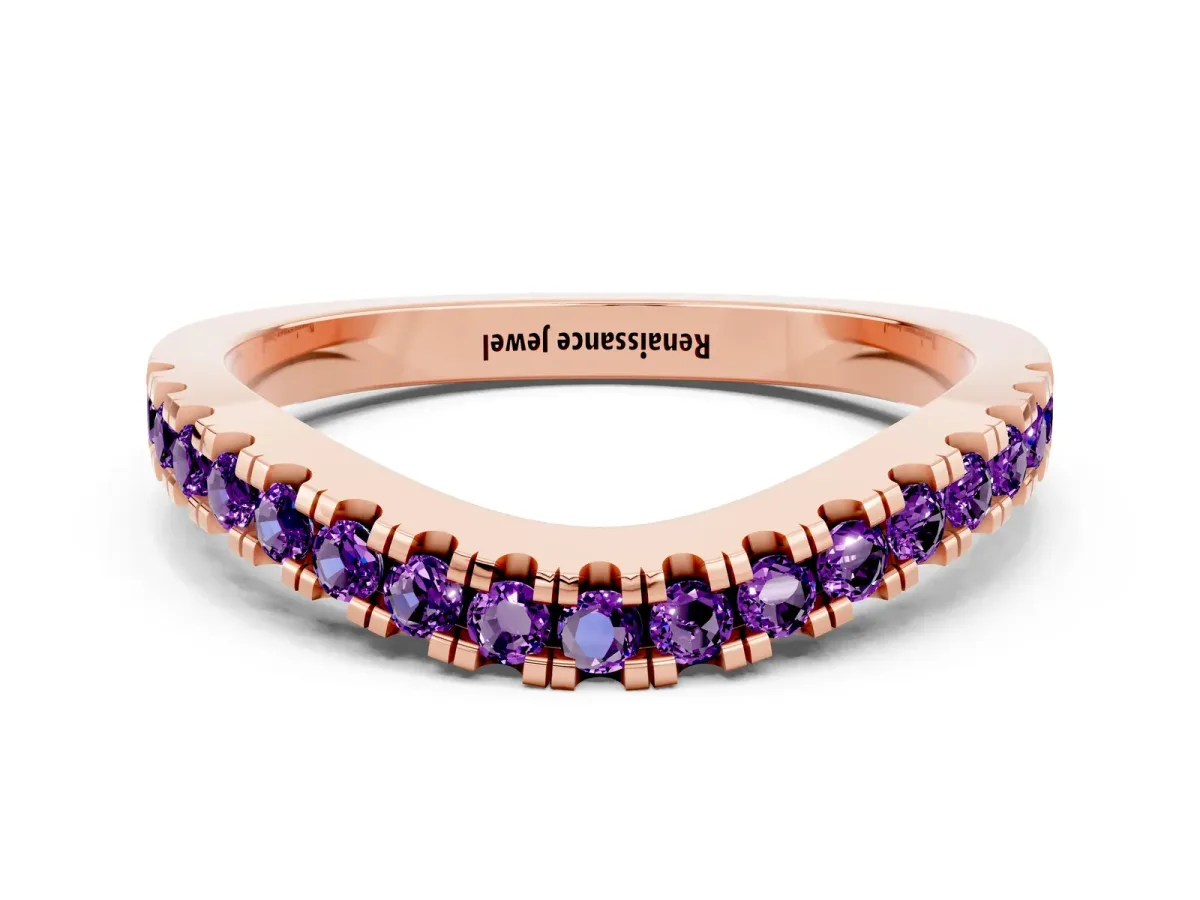 Round Amethyst Pavé Curved Band with Shared Prong Setting Rose gold