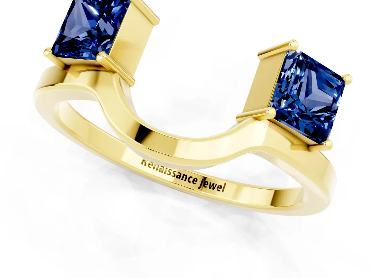 Princess Cut Blue Sapphire Two-Stone Open Band Ring with Four-Prong Setting Yellow gold
