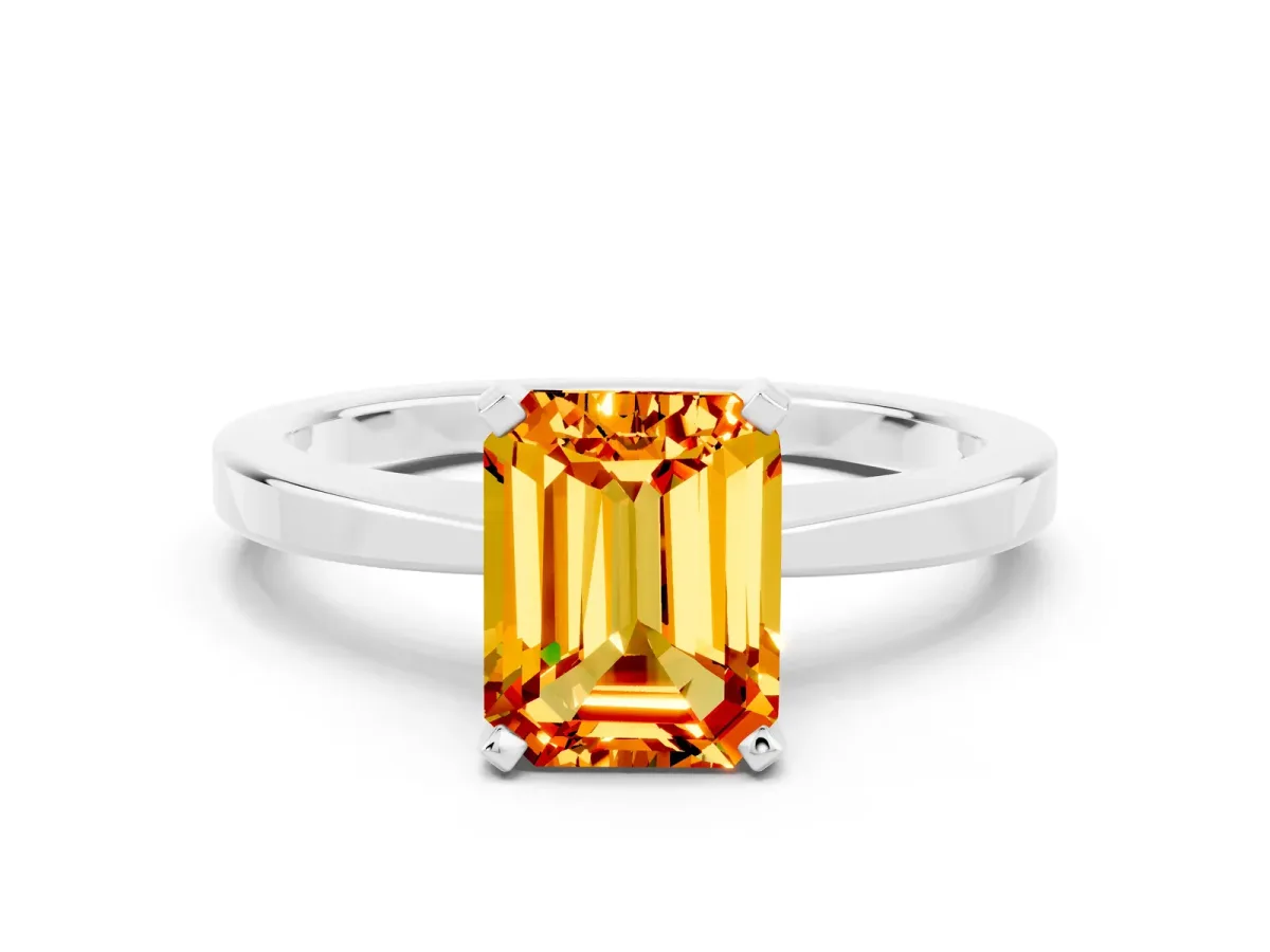 Emerald Cut Citrine Solitaire Engagement Ring with Classic Band and Four-Prong Setting Silver