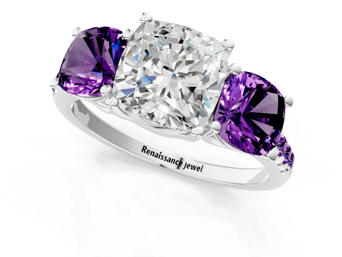 Three-Stone Cushion Cut Diamond Ring with Round Amethyst Pavé Band and Prong Setting Silver