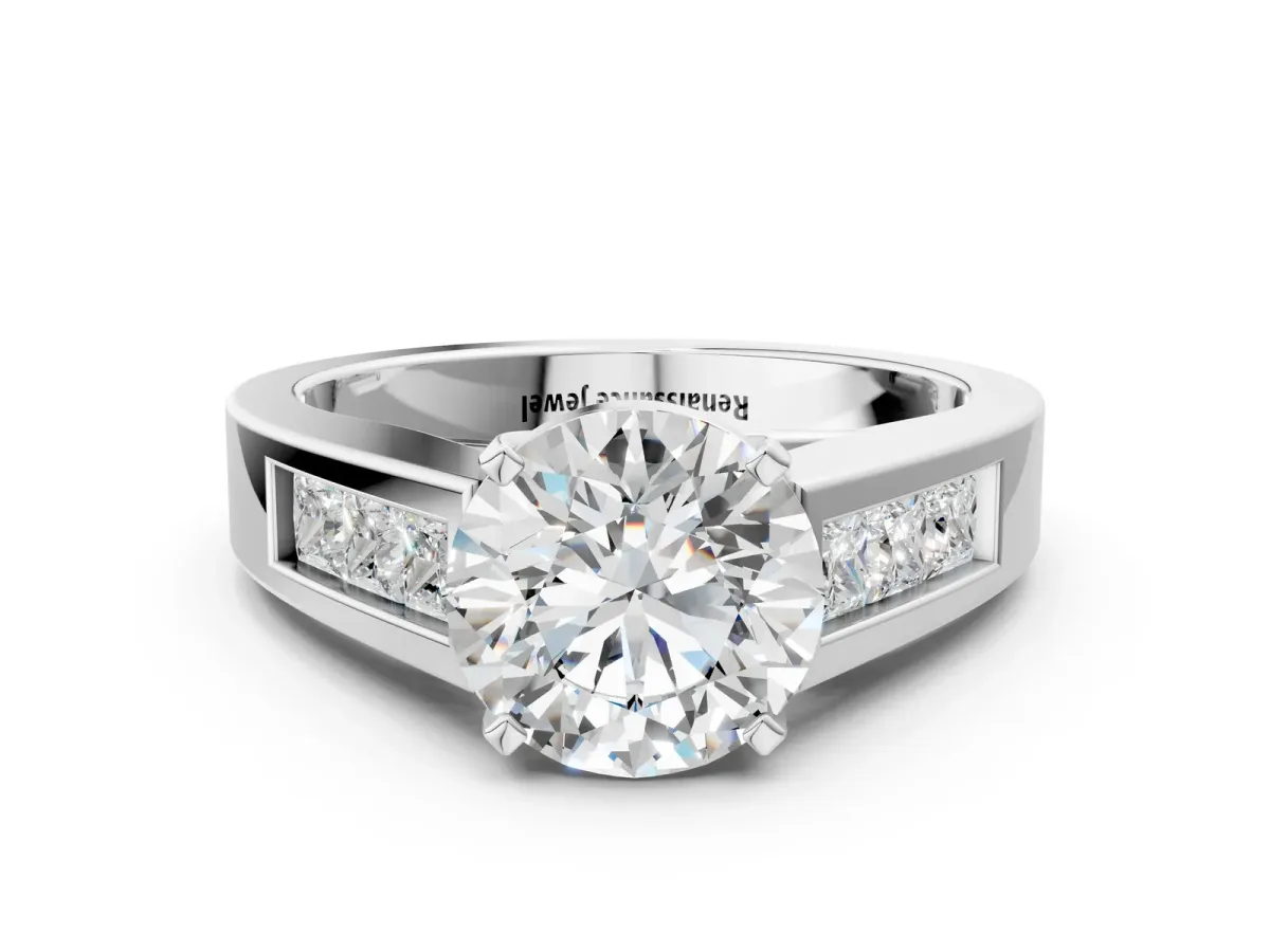 Round Cut Cut Channel Set Solitaire Ring with Four-Prong Setting White gold