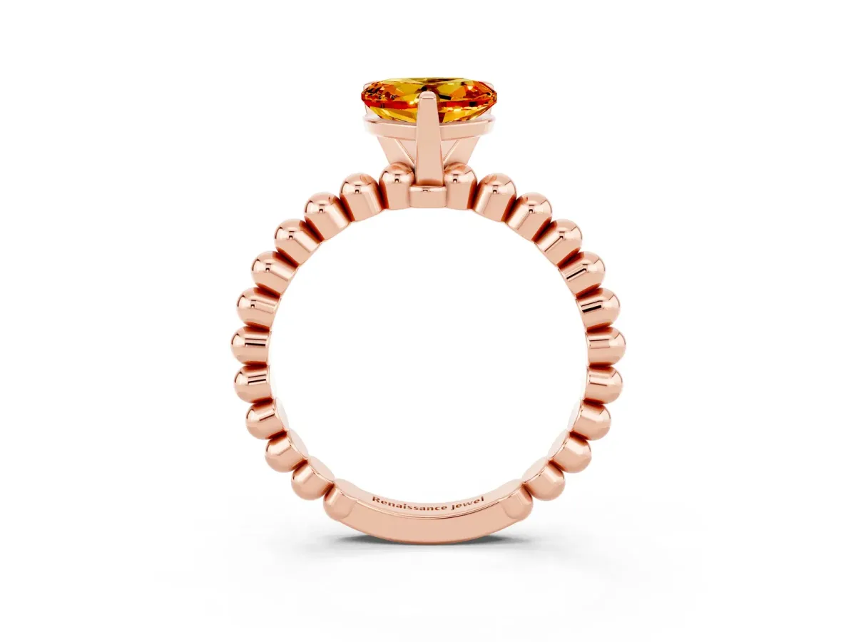 Heart Cut Citrine Solitaire Ring with Beaded Band and Prong Setting Rose gold