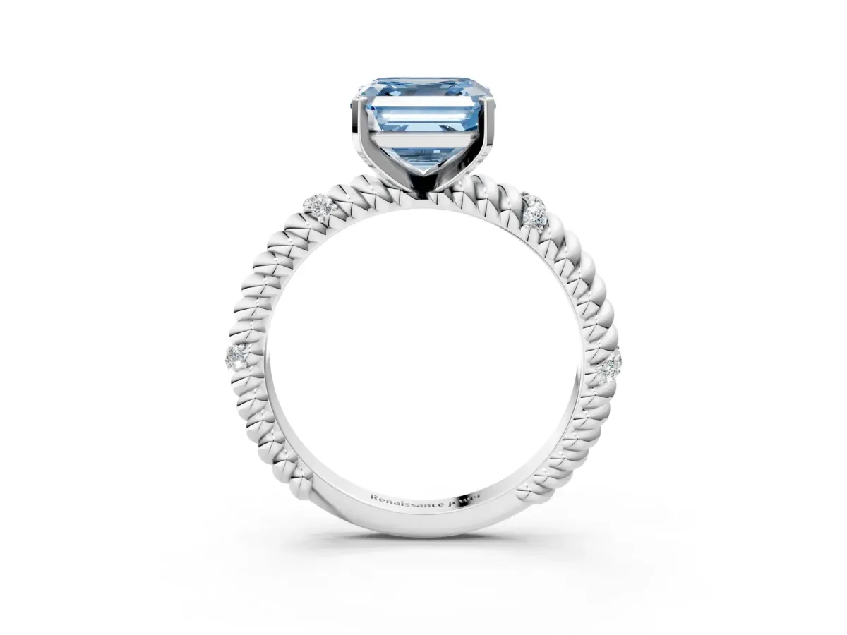 Fancy Blue Asscher Cut Solitaire Twisted Band Prong Set Engagement Ring Silver