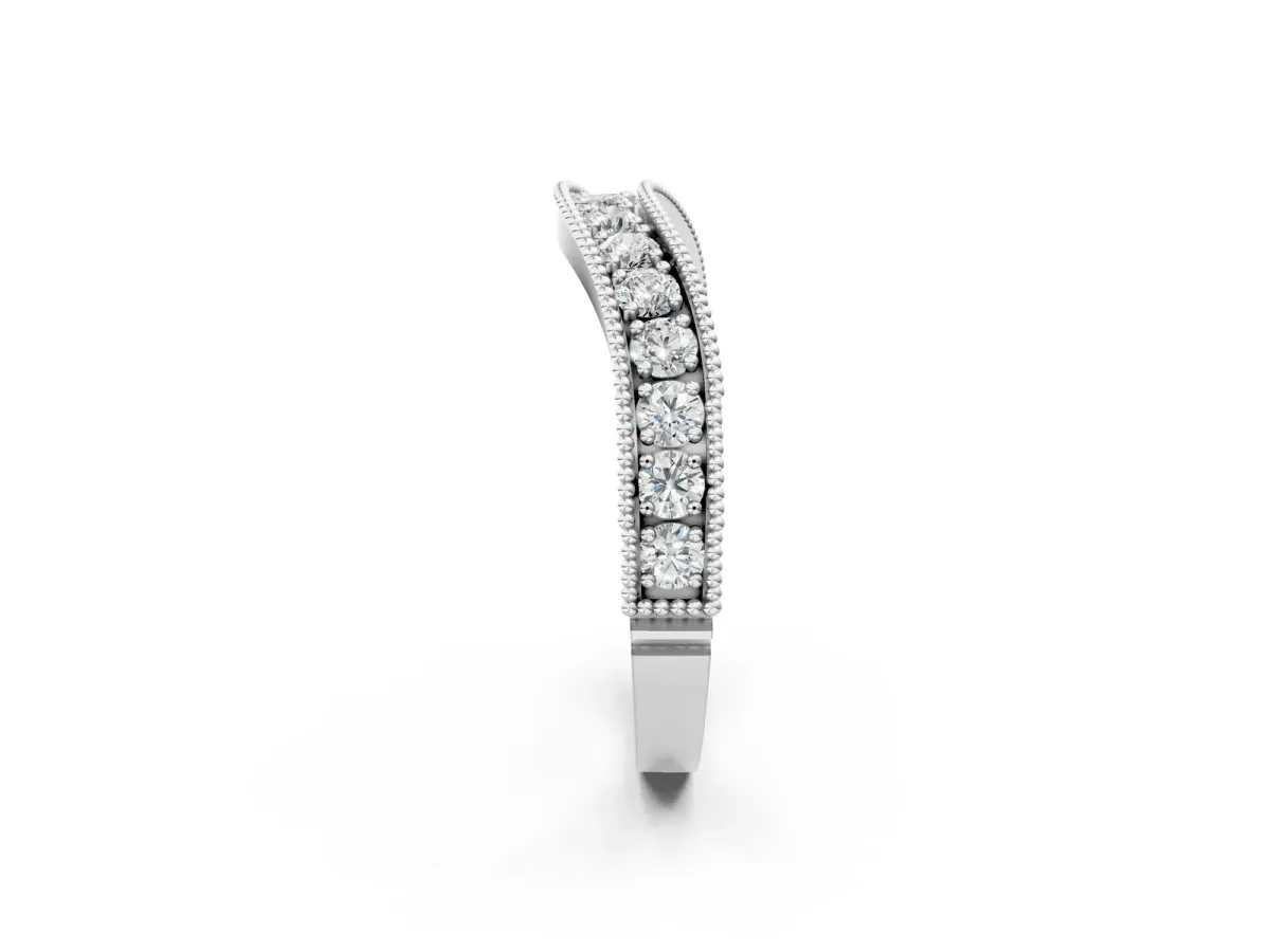 Round Diamond Milgrain Contour Wedding Band with Pavé Setting White gold