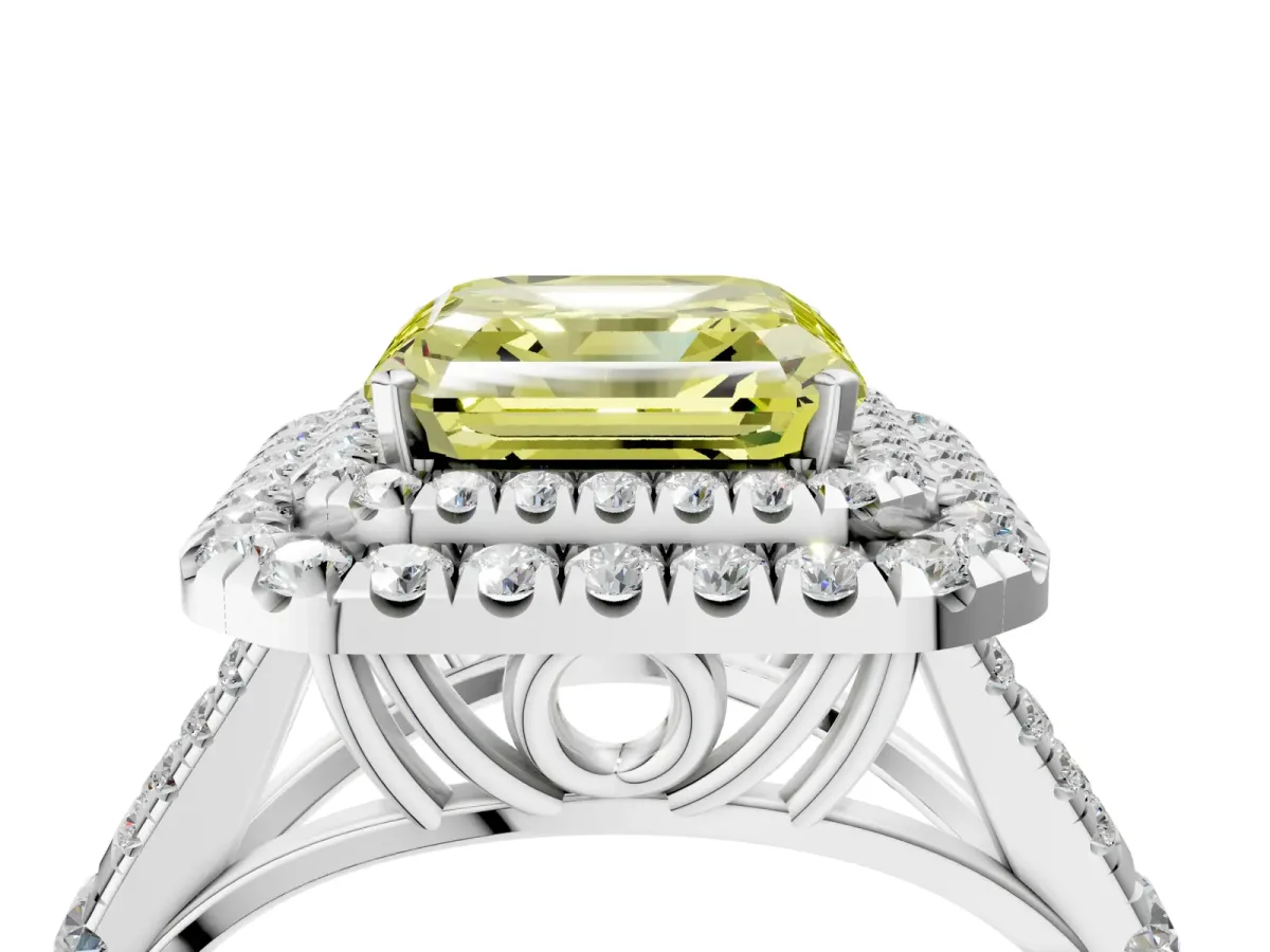 Fancy Yellow Asscher Cut Cut Double Halo Split Shank Diamond Ring with Prong Setting Platinum