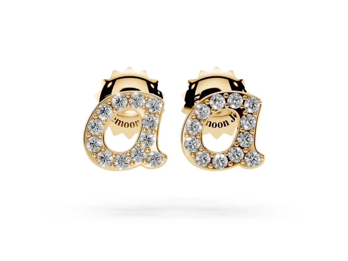 Round Diamond Initial A Stud Earrings Yellow gold