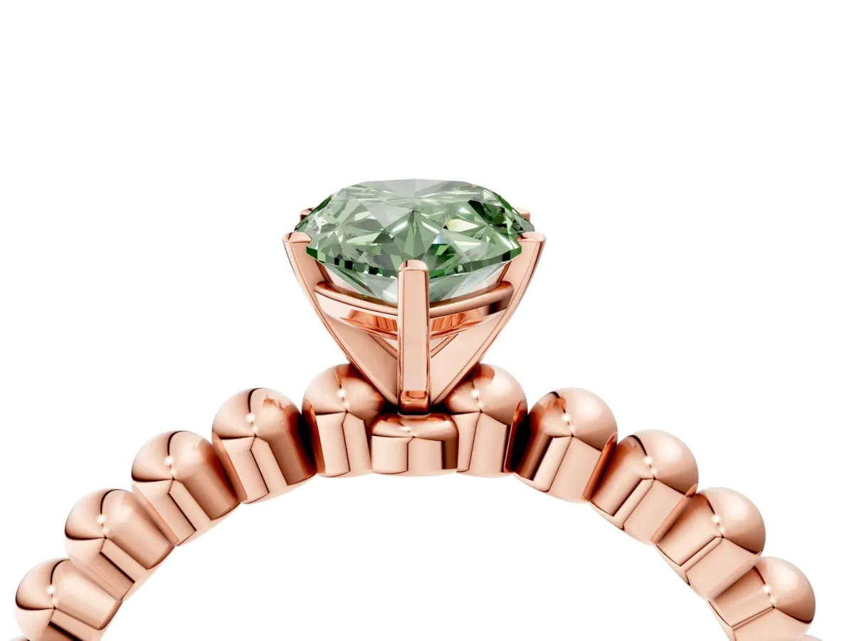 Fancy Green Pear Cut Diamond Solitaire Ring with Beaded Band and Prong Setting Rose gold