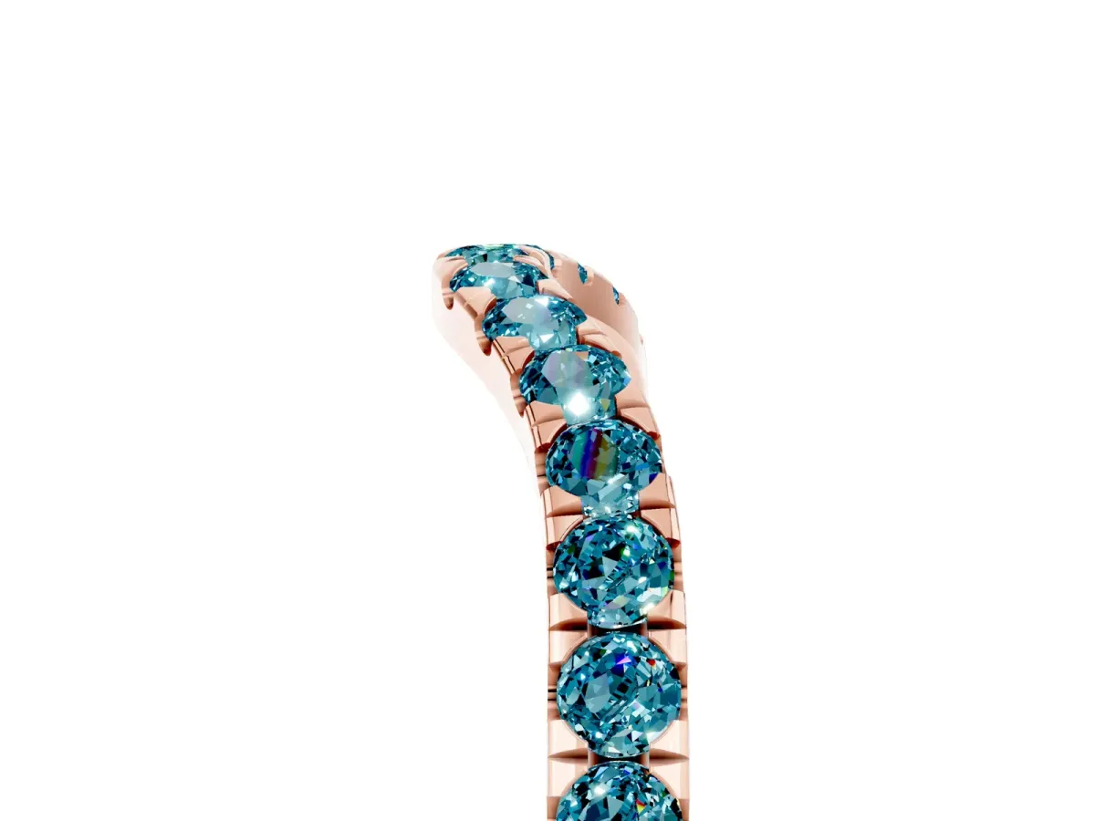 Curved Pavé Round Blue Topaz Wedding Band with Shared Prong Setting Rose gold
