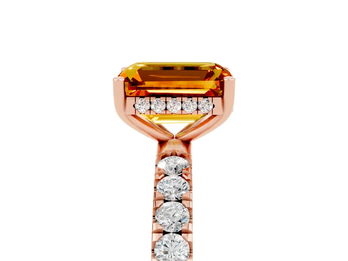 Emerald Cut Citrine Pave Band Solitaire Ring with Round and Prong Setting Rose gold