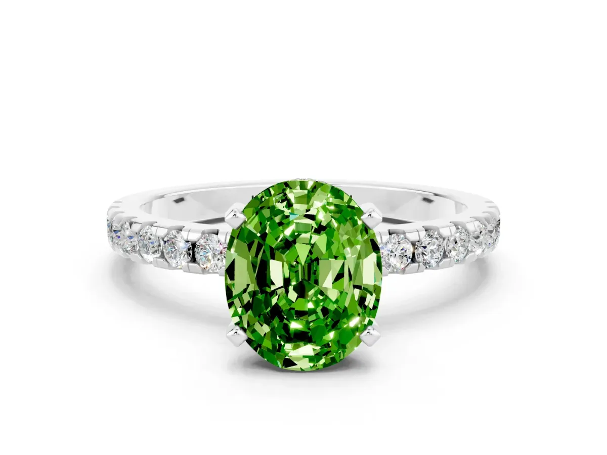 Oval Cut Peridot Solitaire Ring with Round Pavé Band and Four-Prong Setting Platinum