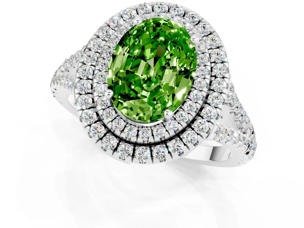 Oval Cut Peridot Double Halo Ring with Pavé Band and Prong Setting Silver