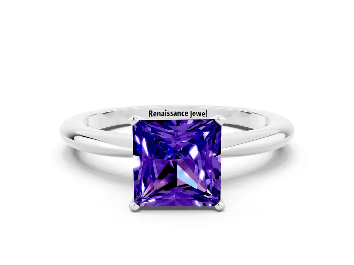 Princess Cut Tanzanite Solitaire Ring with Six-Prong Setting and Classic Band Silver