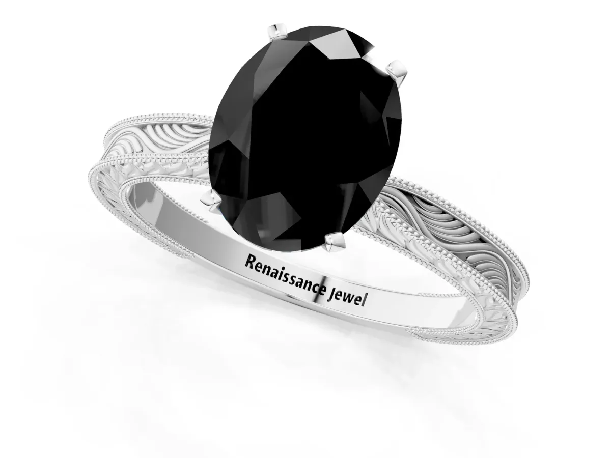 Fancy Black Oval Cut Solitaire Milgrain Engraved Band with Four-Prong Setting White gold