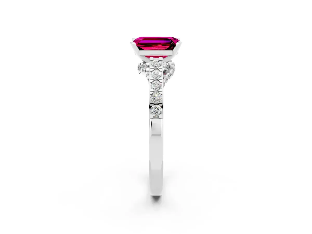 Emerald Cut Garnet Solitaire Ring with Crossover Gallery and Round Pavé Band Silver