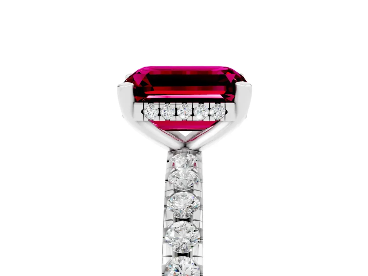 Emerald Cut Garnet Solitaire Ring with Round Pavé Band and Four-Prong Setting Silver