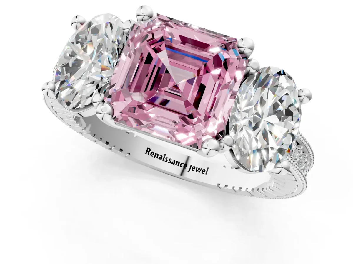 Fancy Pink Three-Stone Asscher Cut Diamond Milgrain Pave Band with Prong Setting Platinum
