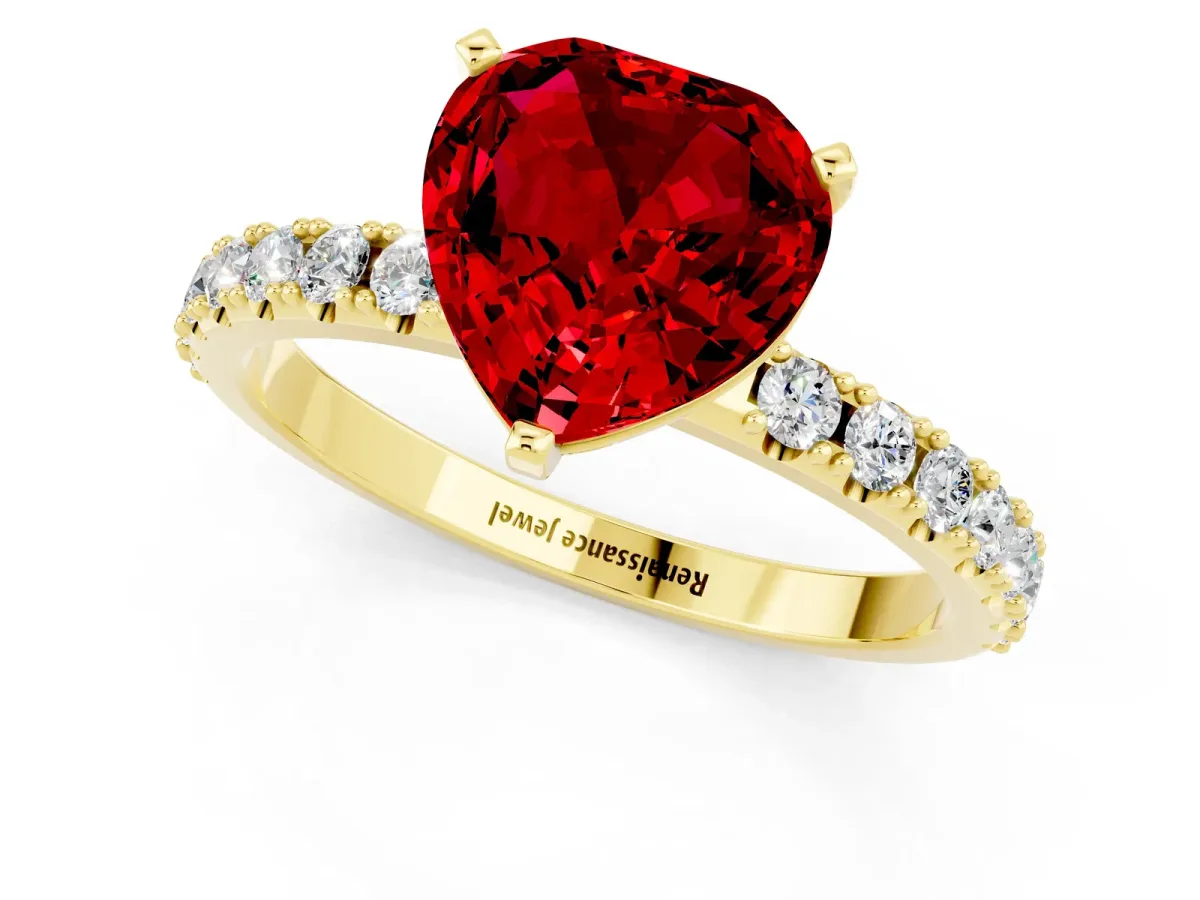 Heart Cut Ruby Solitaire Pavé Band with Four-Prong Setting Yellow gold
