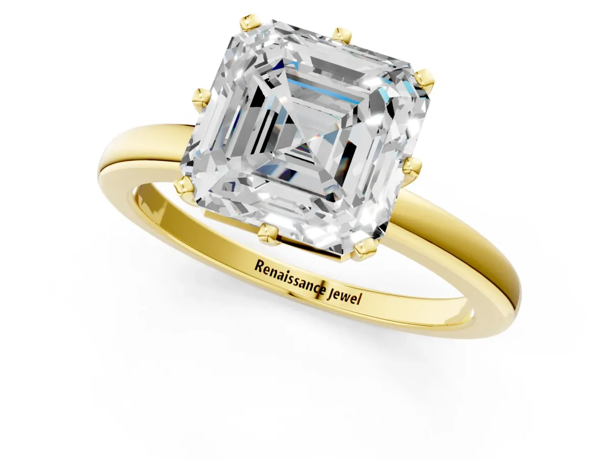 Asscher Cut Solitaire Diamond Ring with Six-Prong Setting on a Classic Band Yellow gold