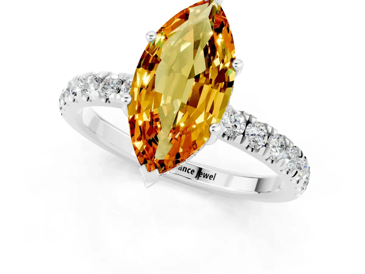 Marquise Cut Citrine Pave Band Solitaire Ring with Round and Prong Setting Platinum