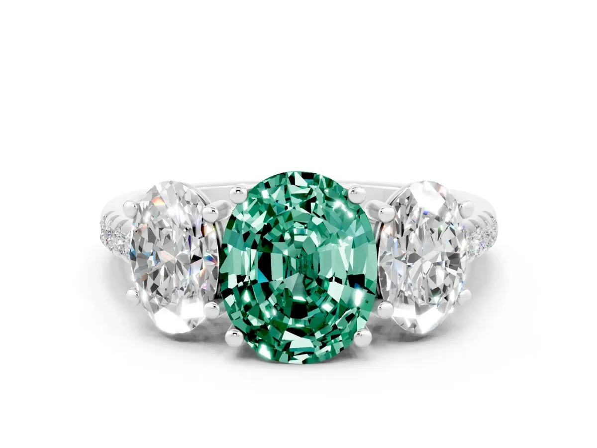 Three-Stone Oval Cut Green Sapphire Ring with Round Pavé Band and Prong Setting Silver