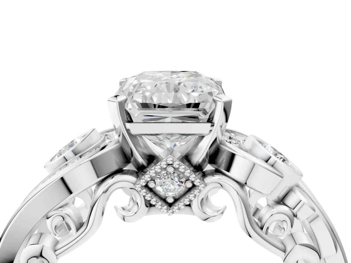 Radiant Cut Diamond Solitaire Ring with Milgrain Pavé Band and Four-Prong Setting Silver