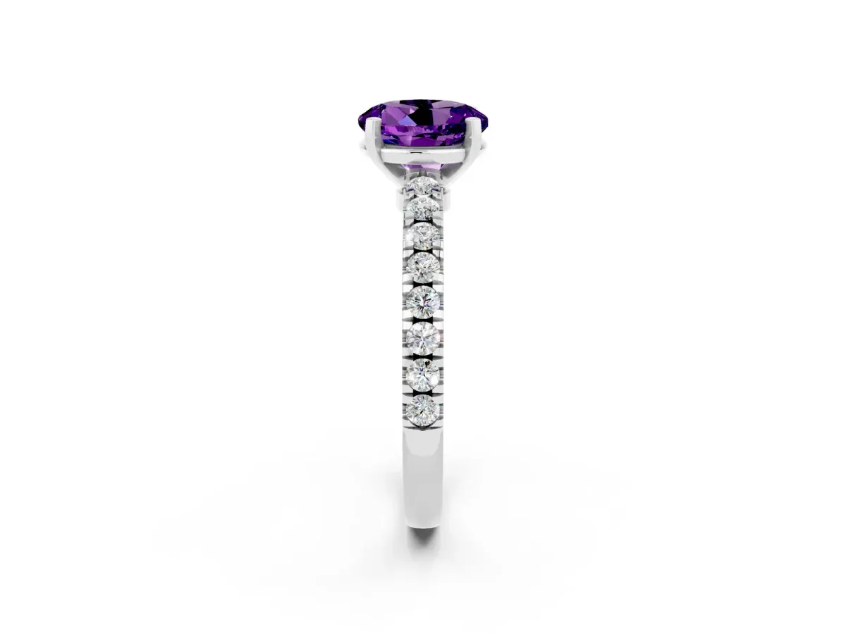 Round Cut Solitaire Amethyst with Pavé Band and Four-Prong Setting Silver