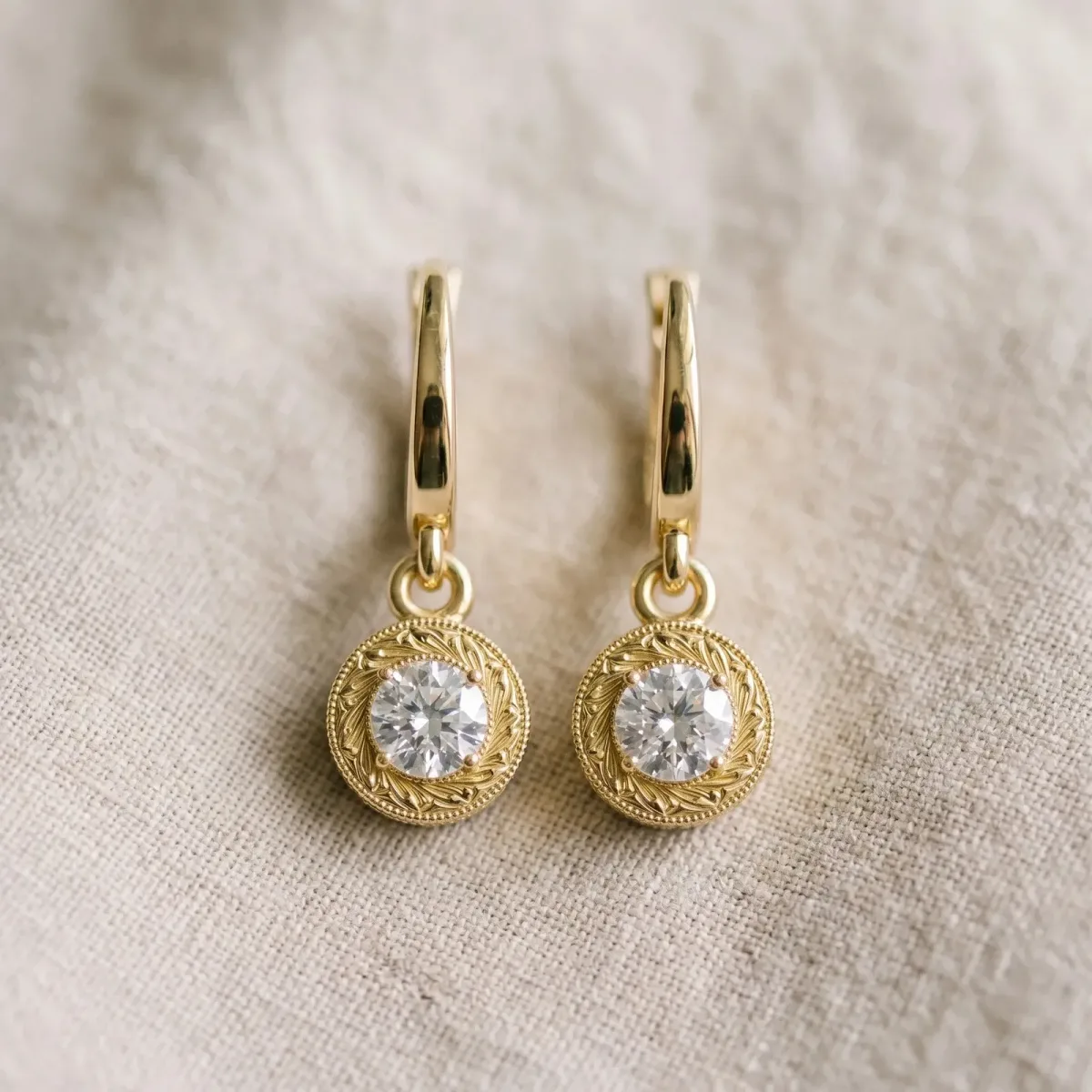 Round Cut Milgrain Bezel Set Leverback Earrings Yellow gold