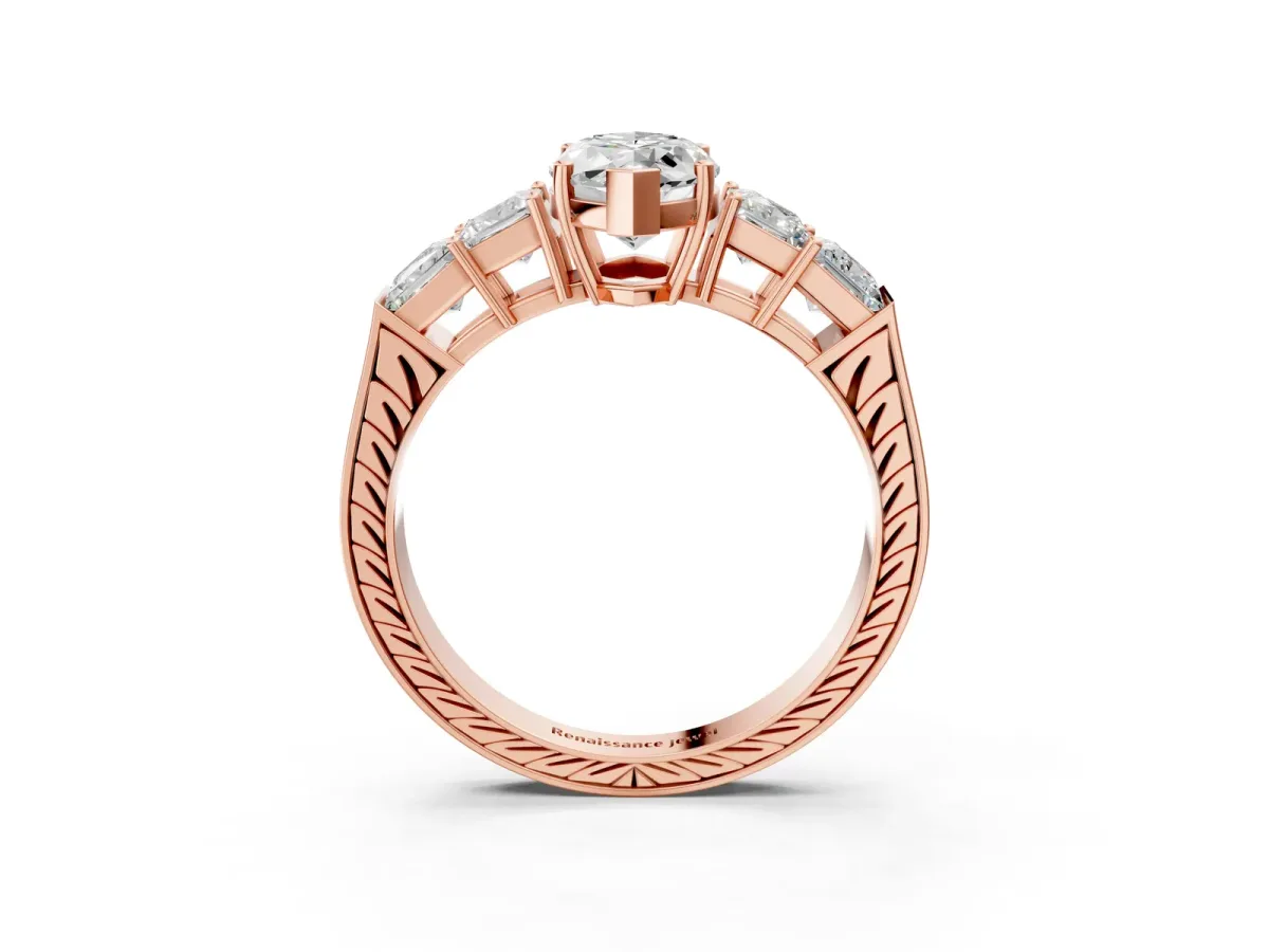 Marquise Cut Solitaire Princess Side Stone Engraved Band Prong Setting Ring Rose gold