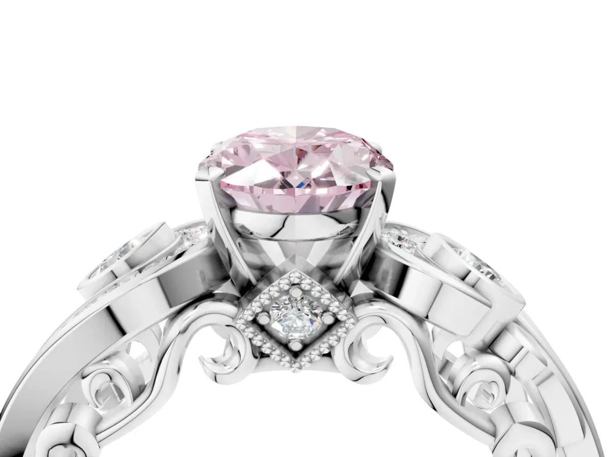 Fancy Pink Oval Cut Diamond Solitaire Ring with Milgrain Pavé Band and Four-Prong Setting Silver