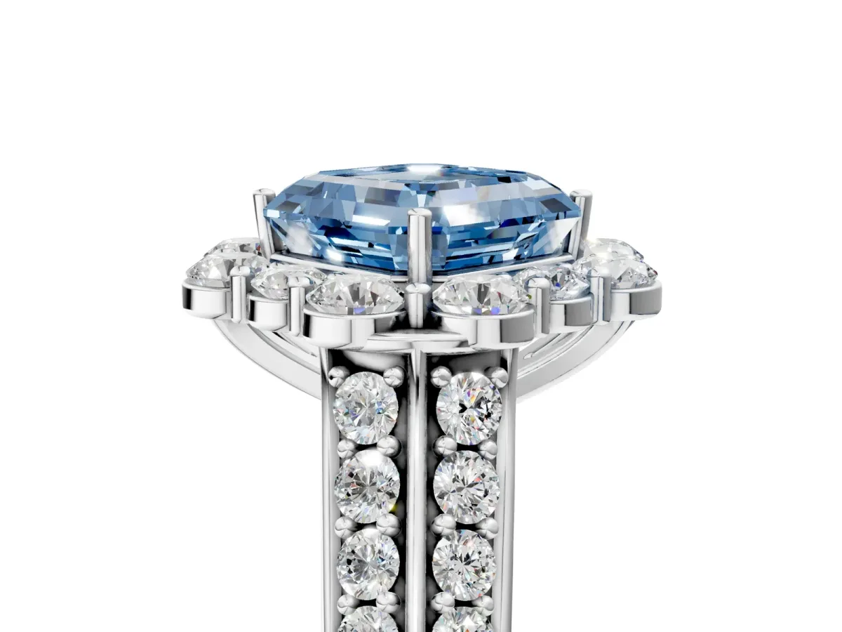 Fancy Blue Asscher Cut Halo Diamond Engagement Ring with Split Shank and Prong Setting Platinum