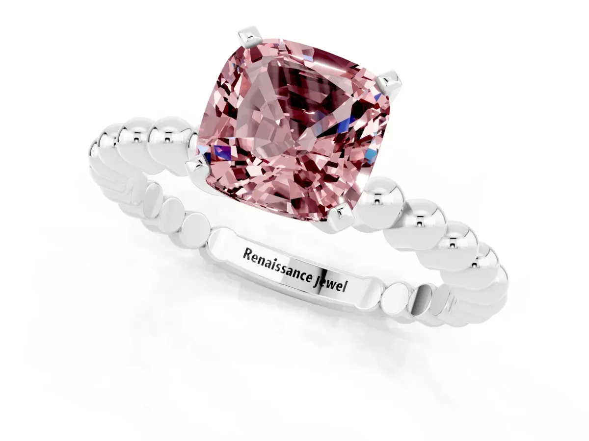 Cushion Cut Morganite Solitaire Ring with Beaded Band and Prong Setting Platinum