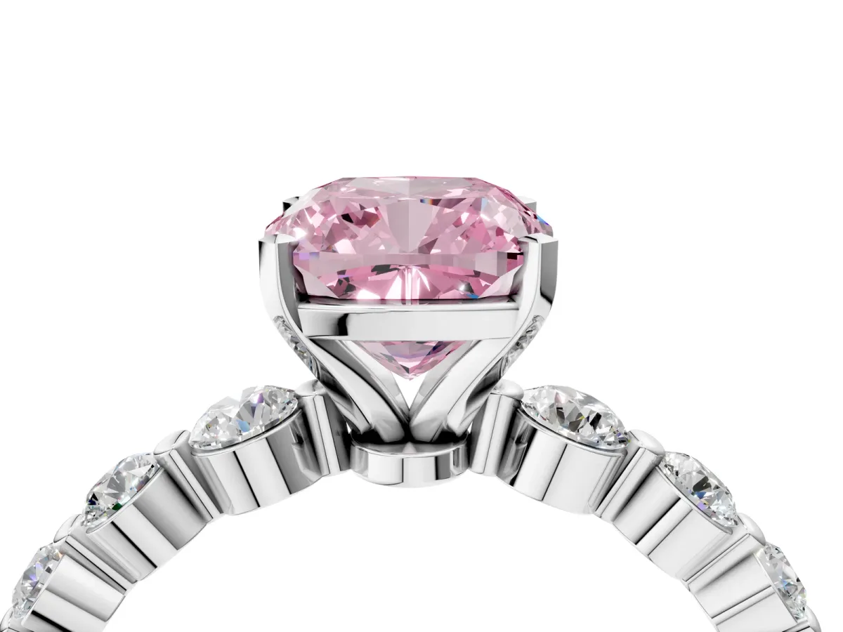Fancy Pink Cushion Cut Solitaire Diamond Ring with Pave Band and Four-Prong Setting Silver