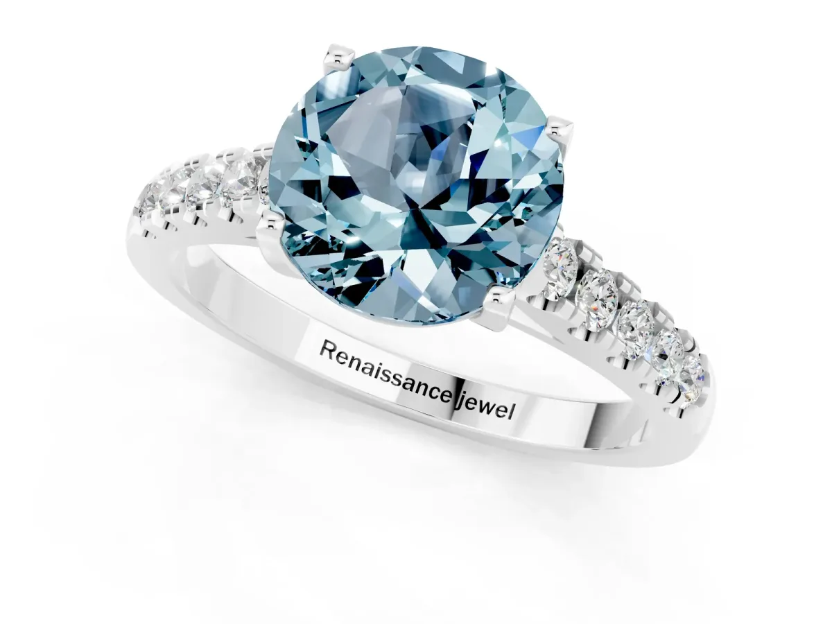 Round Cut Aquamarine Pavé Band Solitaire Ring with Prong Setting White gold