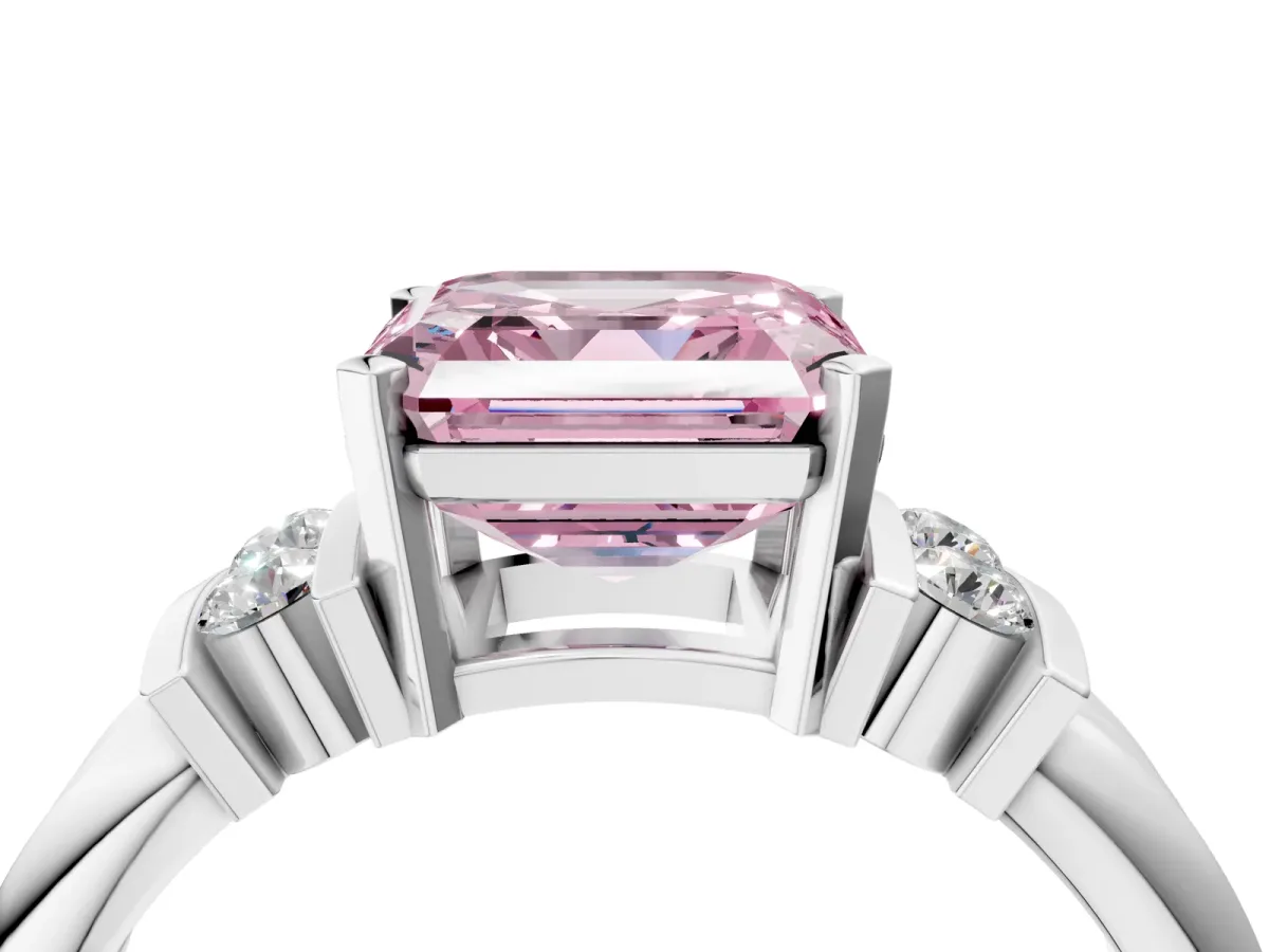 Fancy Pink Asscher Cut Cut Three-Stone Channel Set Ring with Bar Prongs Platinum