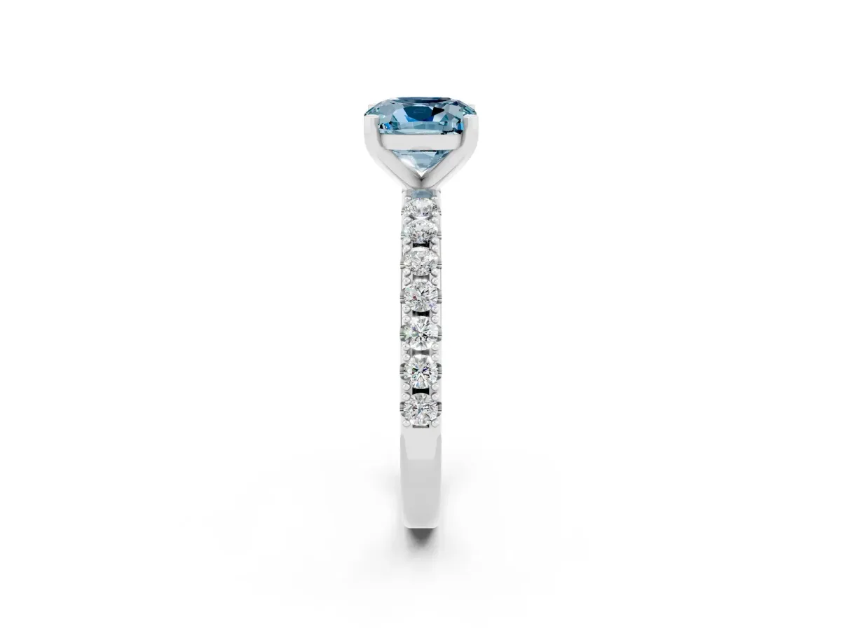 Cushion Cut Aquamarine Solitaire Pavé Band with Four-Prong Setting Silver